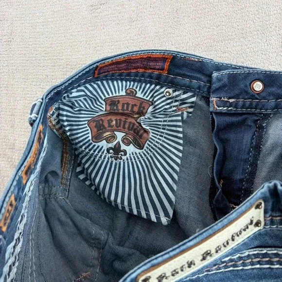 Rock Revival Avery Straight Jeans Western Rock Bling Embellished Women 31 Blue - Picture 4 of 12
